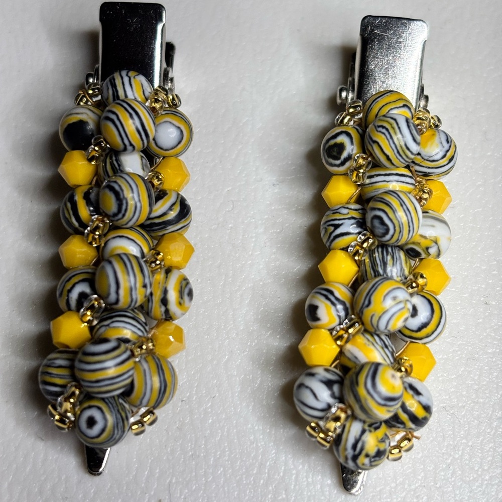 Handmade Yellow Black Malachite Beaded Hair Clips Set 2 inches